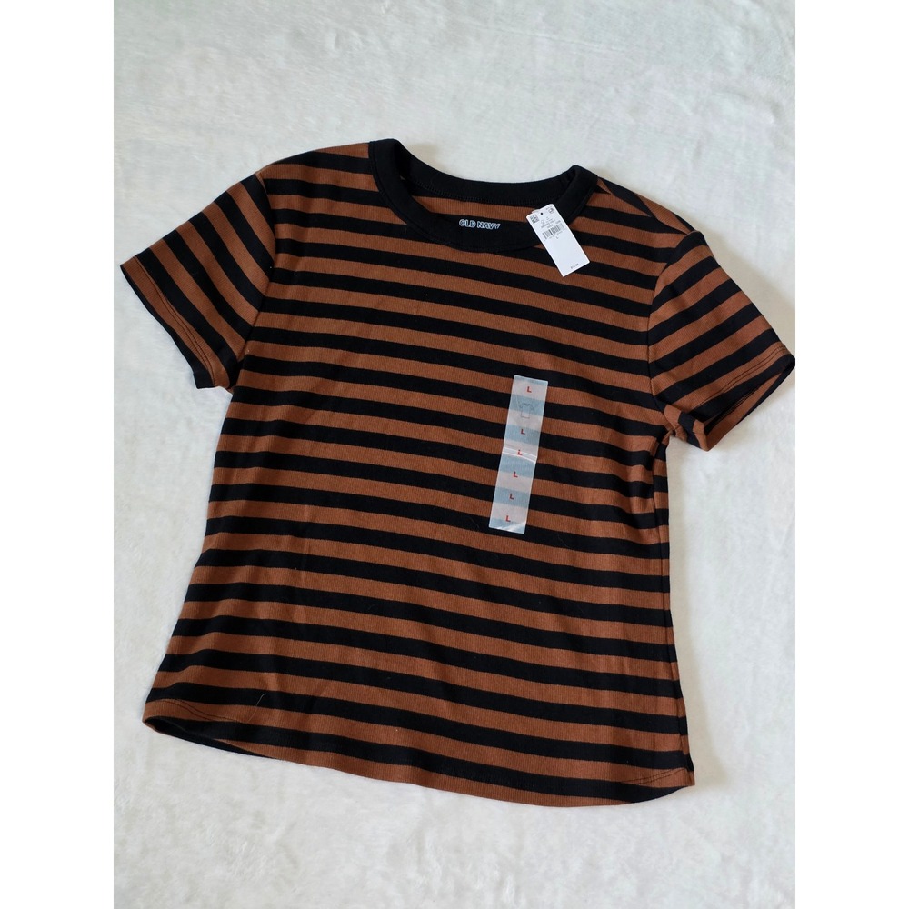 Old Navy Snug Ribbed Striped Short Sleeve T-Shirt Brown Black Large NWT